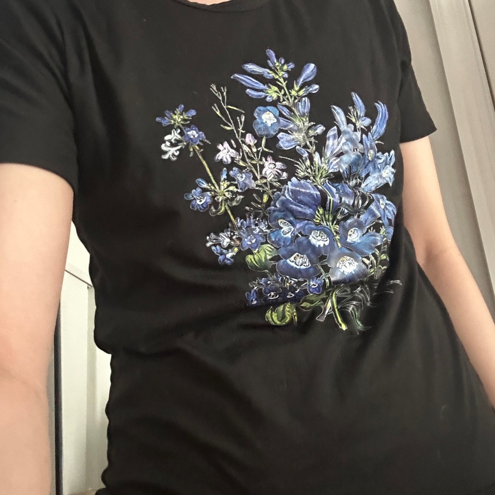 Floral Black T-Shirt Blue Flower Print